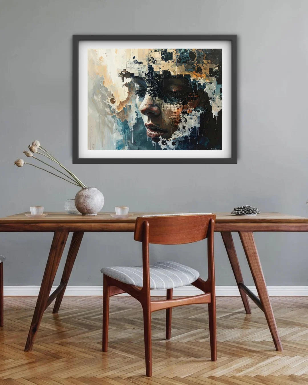 Contemporary abstract face artwork framed wall art for dining room and office decor