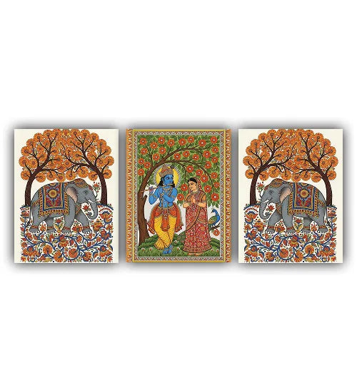 Set of three colorful paintings featuring elephants and traditional figures on a white background