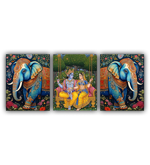 Triptych painting of elephants and a couple on a swing with decorative elements.