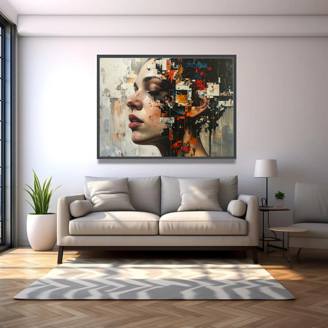 Modern abstract female portrait wall art above sofa for contemporary living room decor