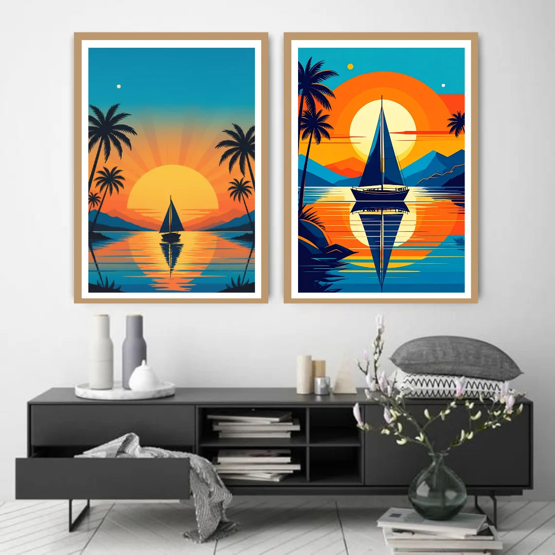 Retro tropical sunset with palm trees