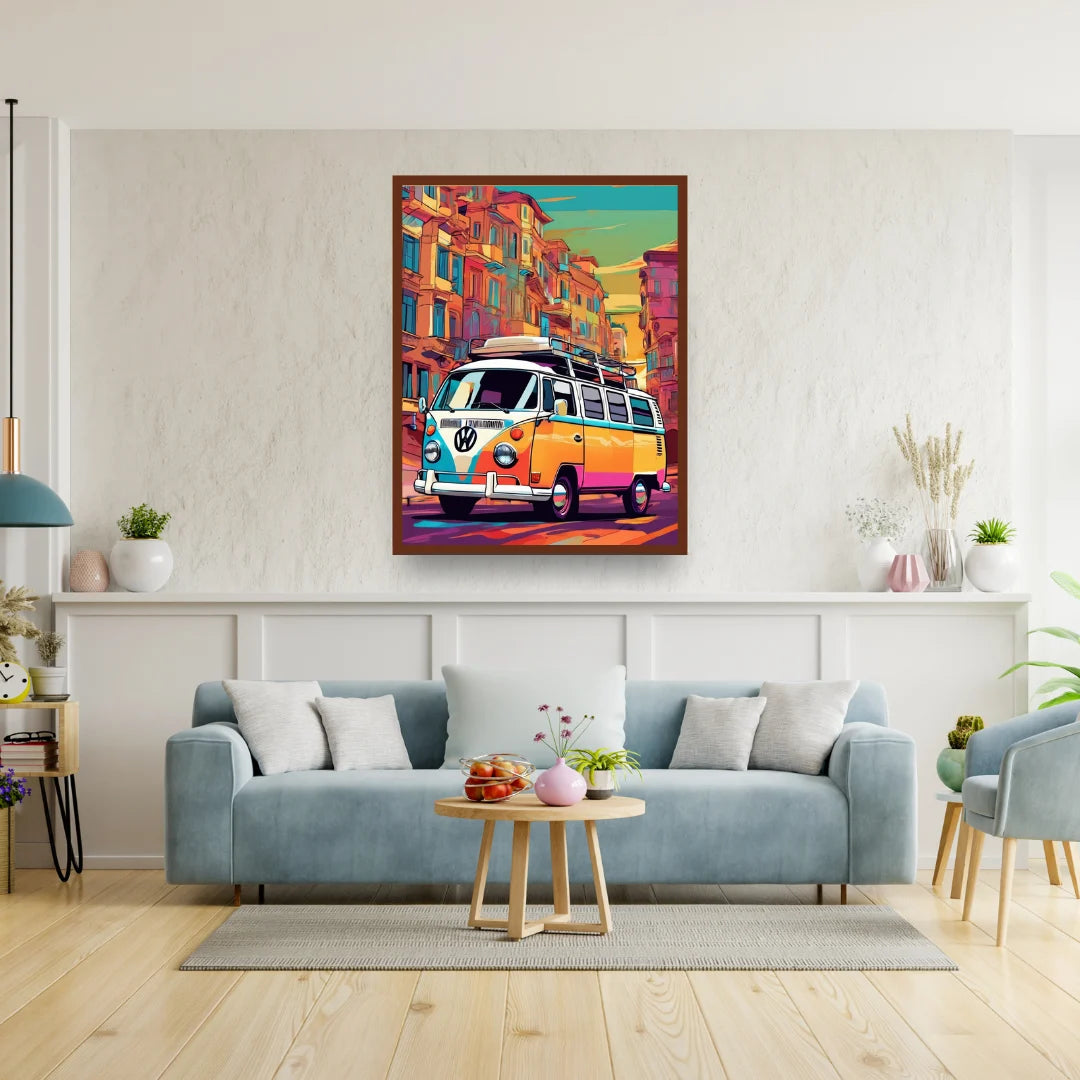 Colorful retro van urban wall art canvas painting