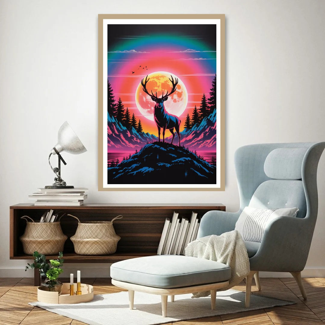 Retro surreal sun face over dreamlike landscape