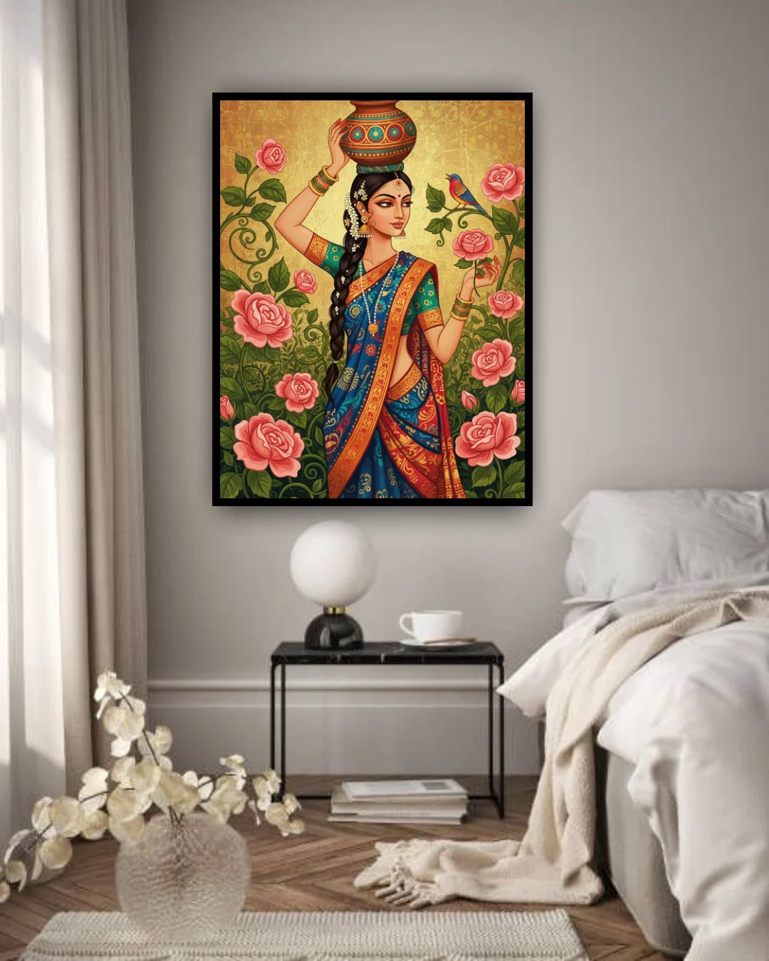 Framed artwork of a woman in traditional attire with flowers in a bedroom setting.