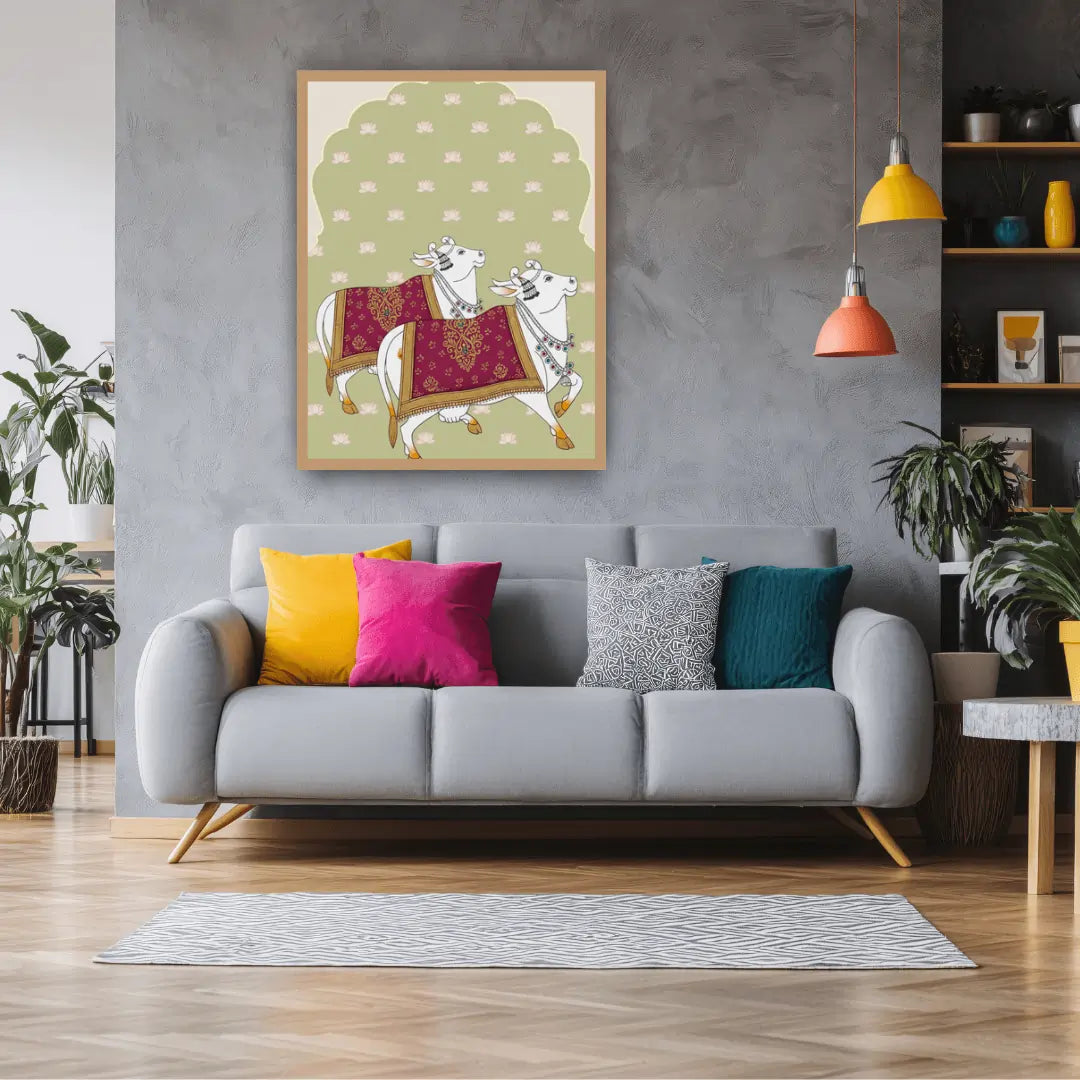 Living room with a gray sofa, colorful pillows, and a decorative wall art piece.