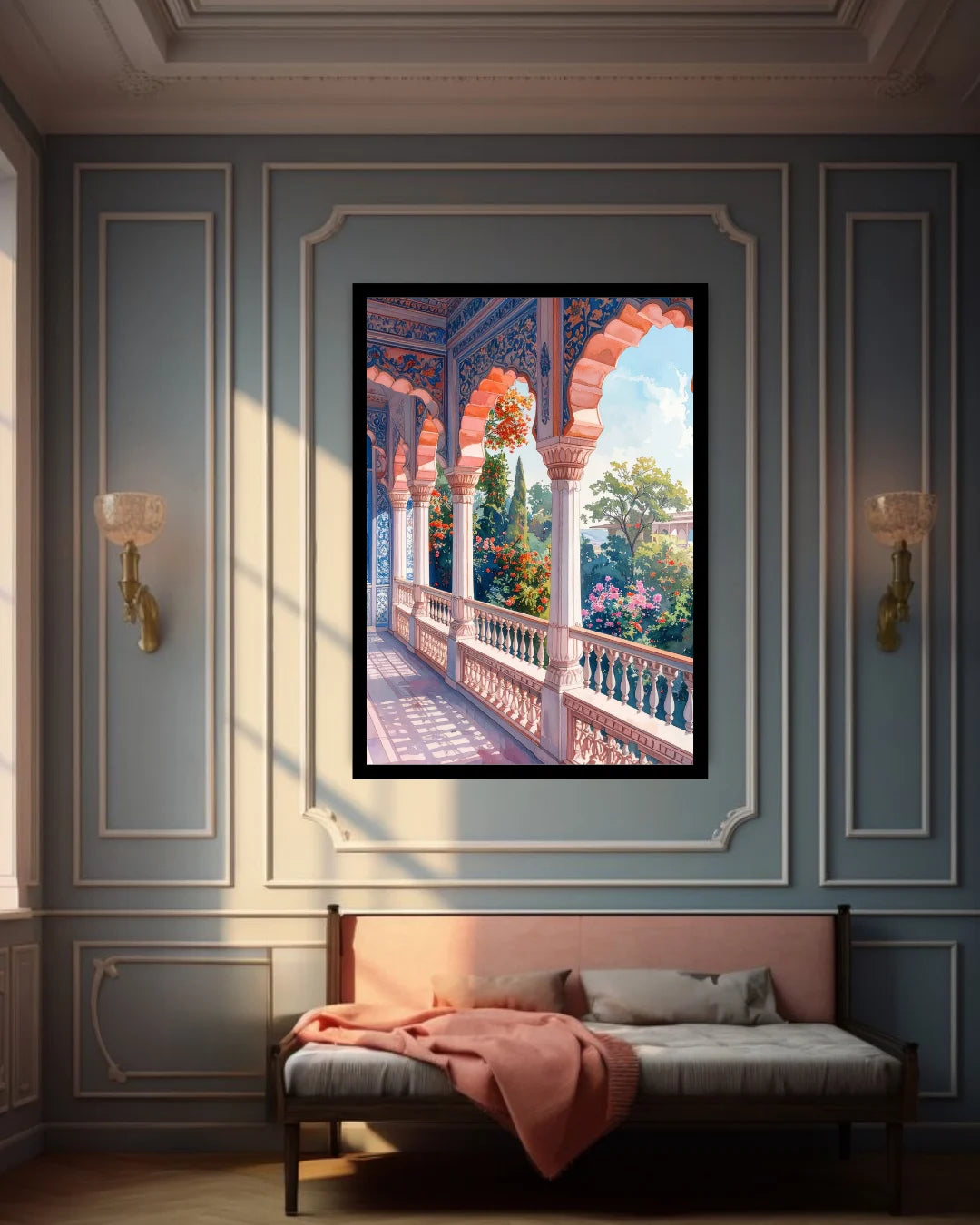 A framed art print depicting a vibrant Moorish-style garden corridor with arches and columns, displayed on a blue paneled wall above a sofa in a styled room.