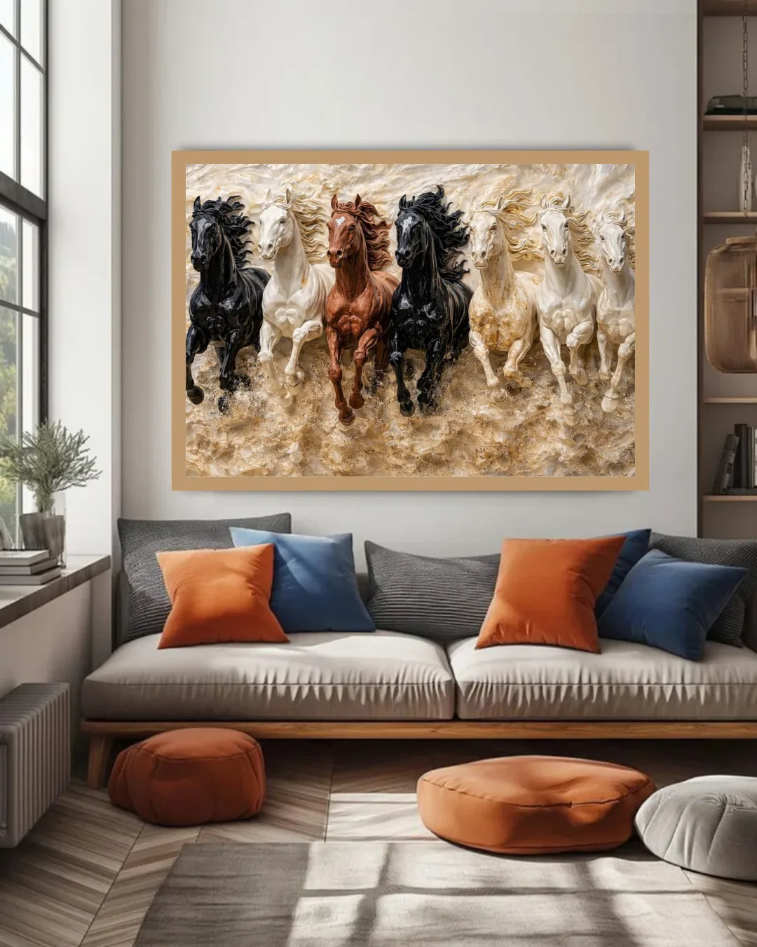 Colorful framed artwork with a man and dog on a bench in a dining room.