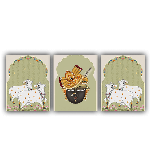 Set of three decorative panels with a central figure and two white animals on a beige background