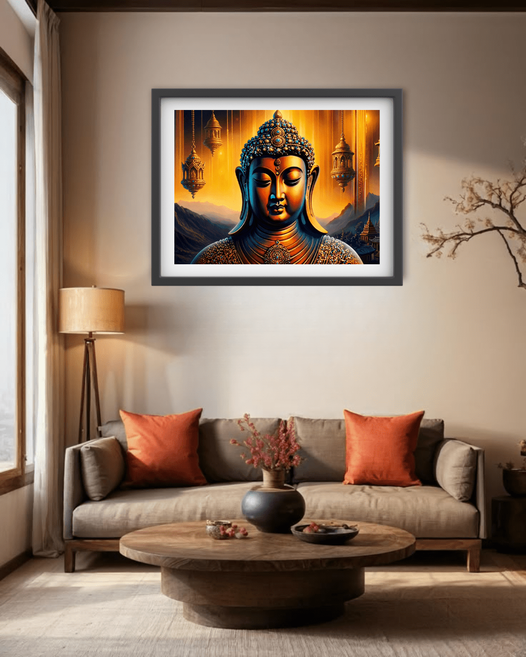 Framed artwork of a Buddha statue on a wall above a living room sofa.