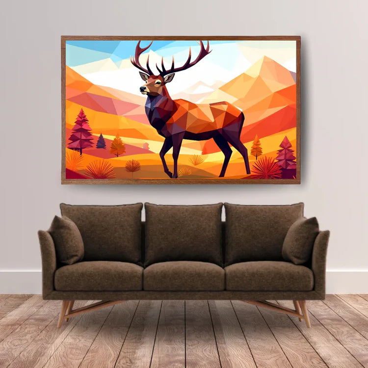 Sofa with a colorful abstract deer painting above it on a wall.