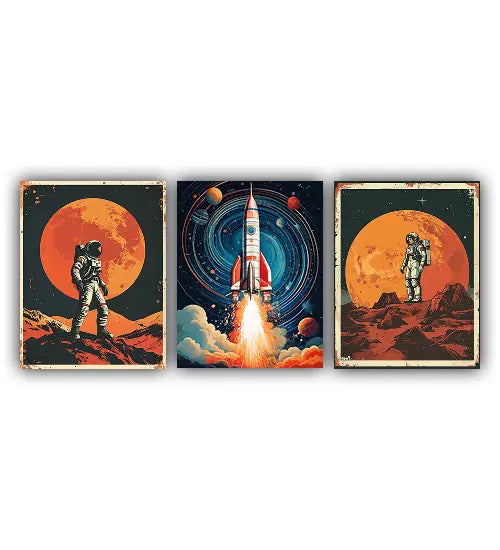 Space rocket and astronaut canvas wall art set