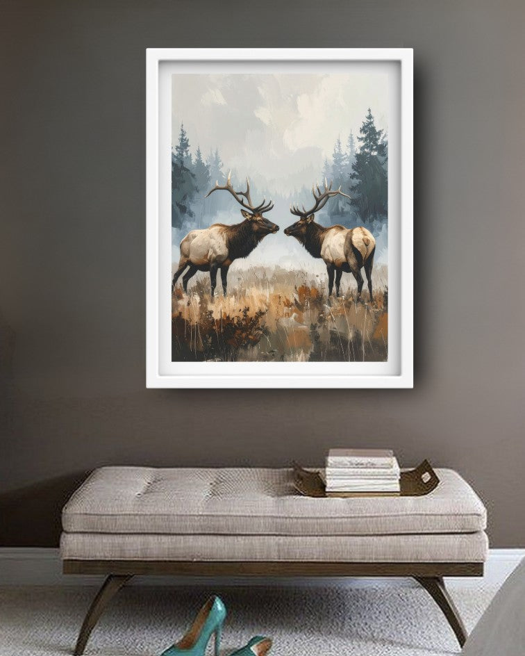 Framed artwork of two elk on a wall above a sofa