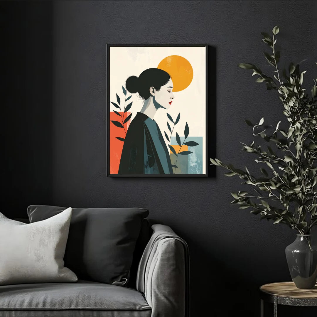 Modern figurative woman wall art with minimal illustration and warm sun background in living room