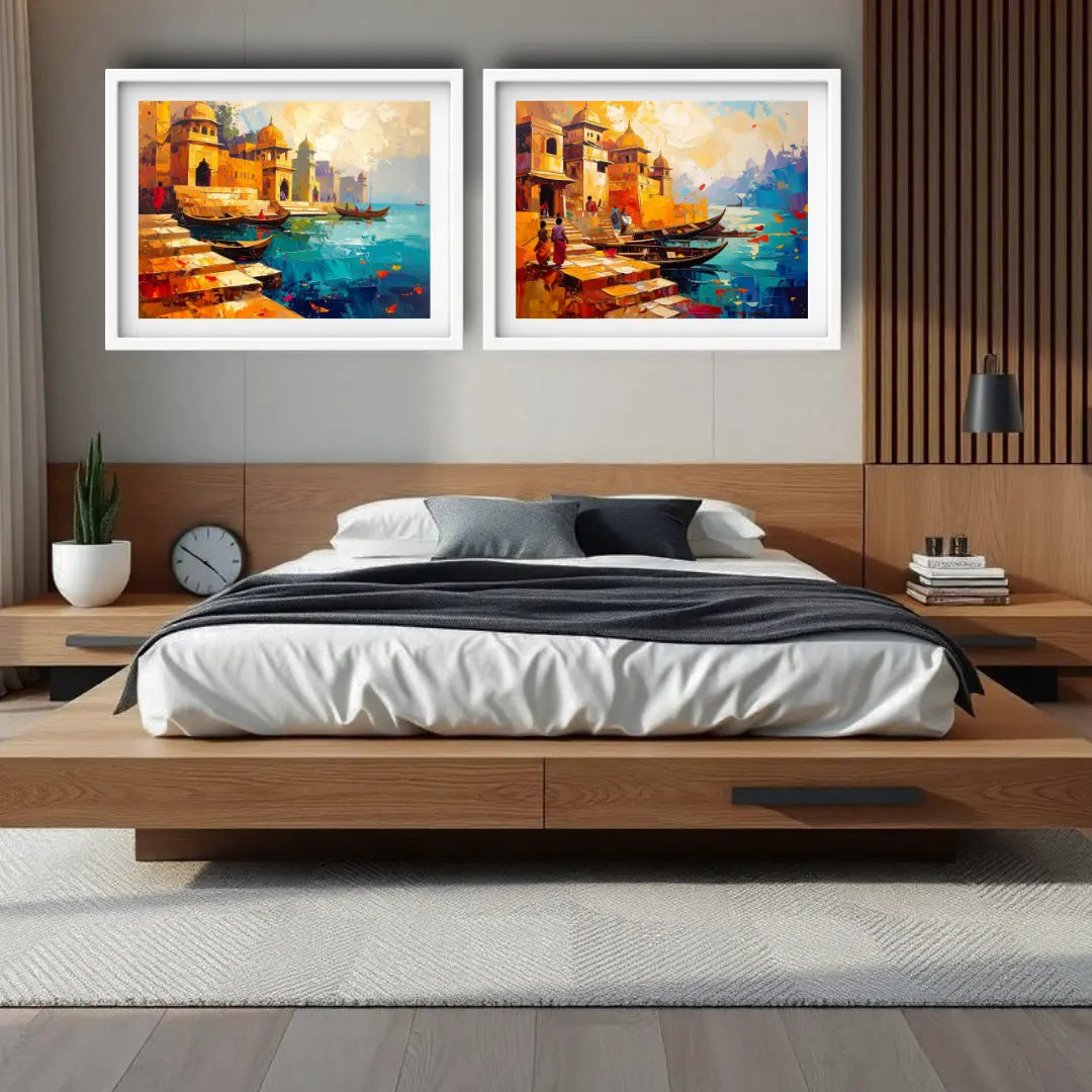 Artistic city waterfront canvas painting for bedroom
