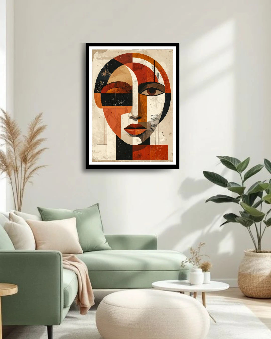 Modern abstract woman face painting displayed in contemporary home interior
