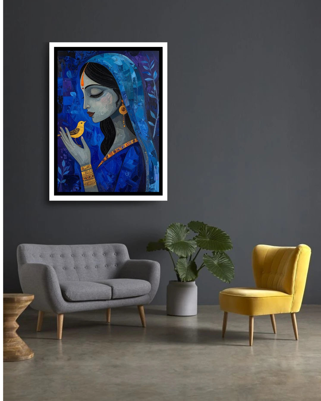 Modern blue tone female portrait painting displayed in contemporary home interior