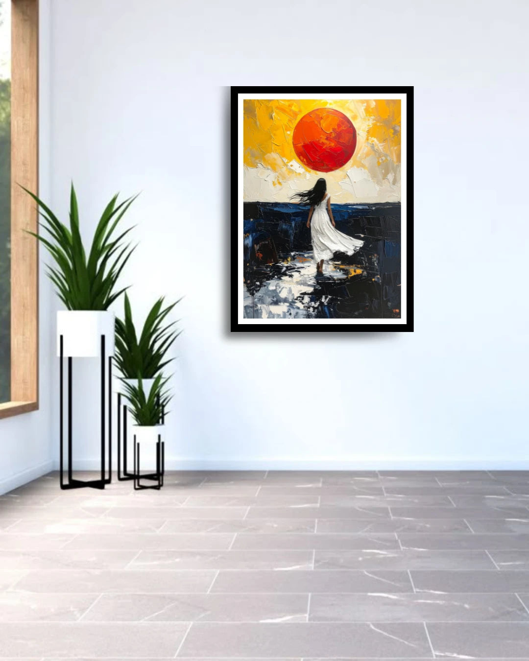 Abstract modern wall art featuring a lone figure under a red sun in minimalist living room