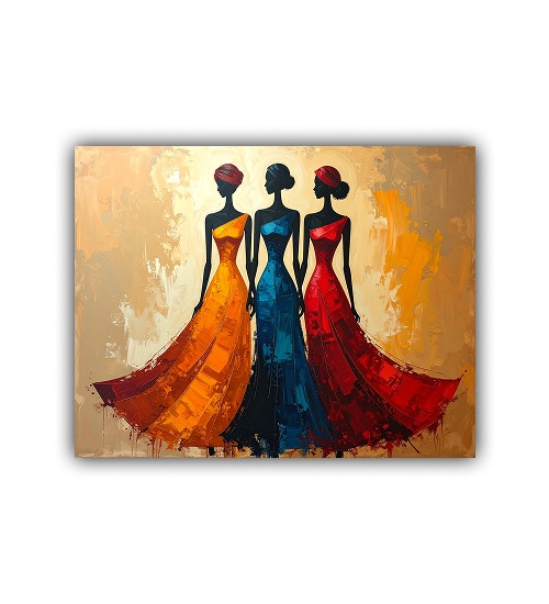 Ethnic abstract women dancing painting with vibrant red and blue dresses