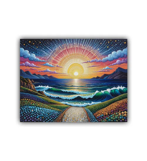 Vibrant sunrise landscape painting with glowing horizon colors