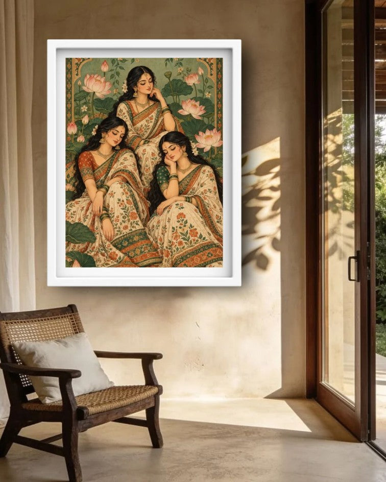 A framed art print depicting three women in traditional Indian sarees seated among lotus flowers, hung on a beige wall in a modern interior setting with a wooden chair and glass doors.