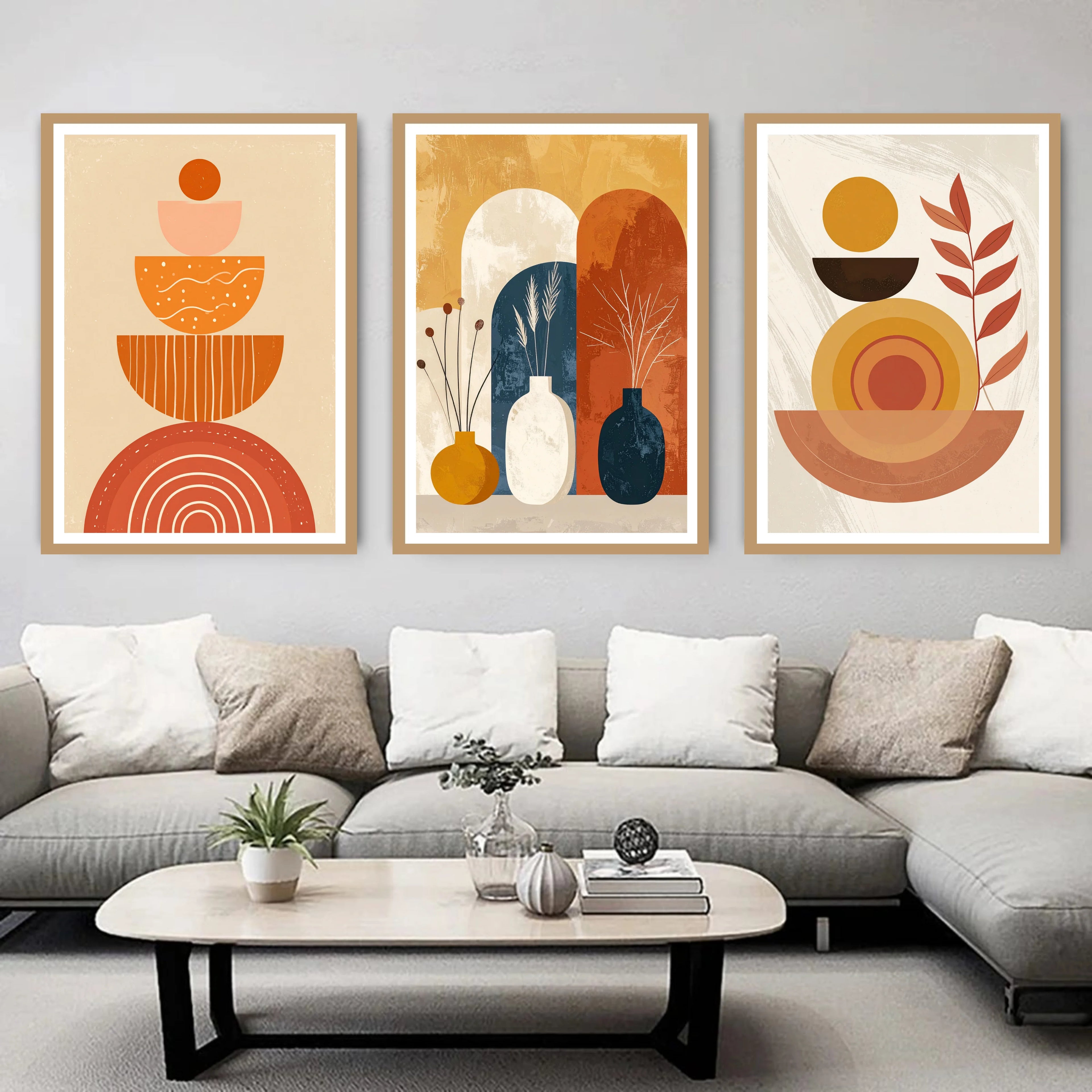 Three abstract wall art pieces above a gray sofa with decorative pillows.