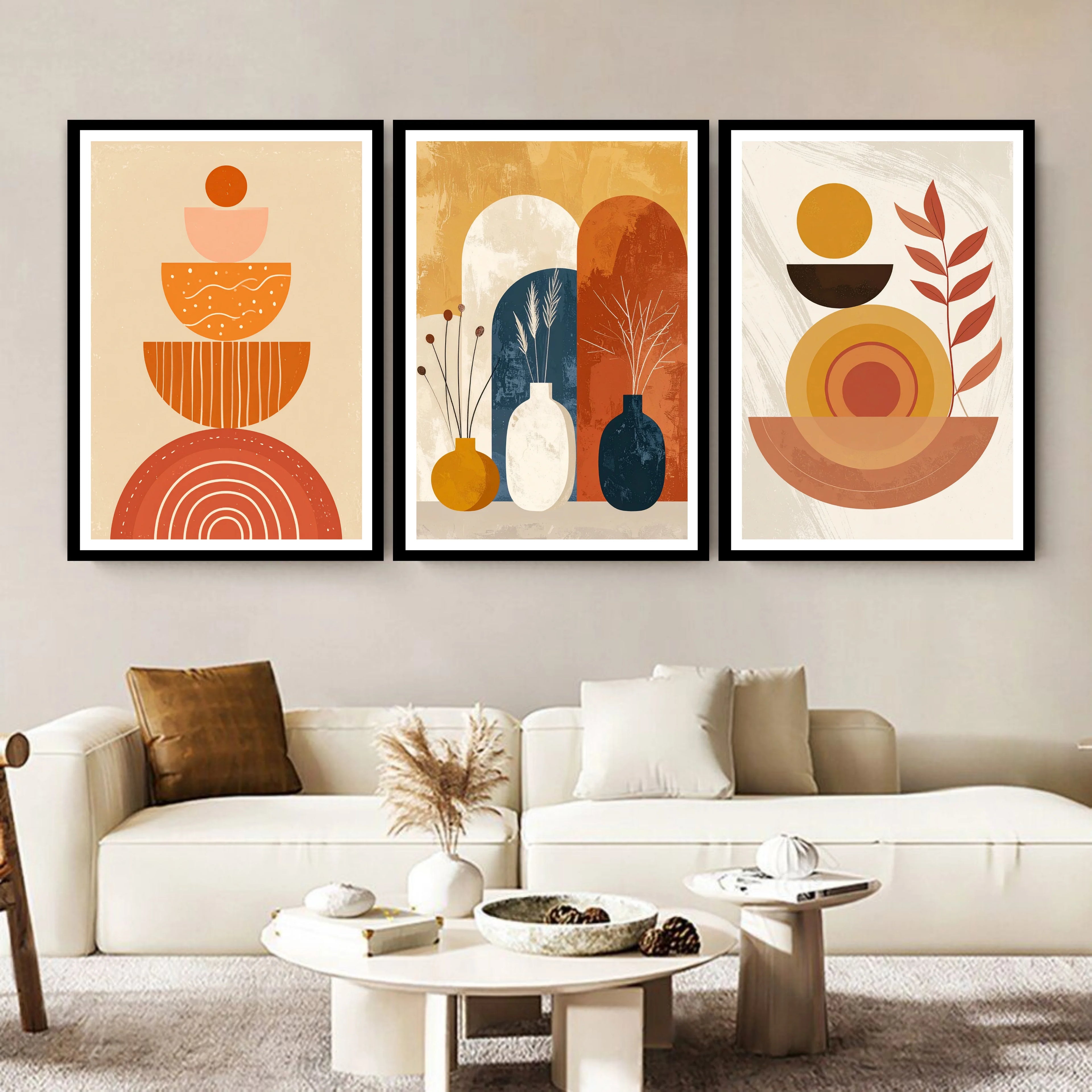 Three abstract art prints on a wall above a white sofa in a living room.