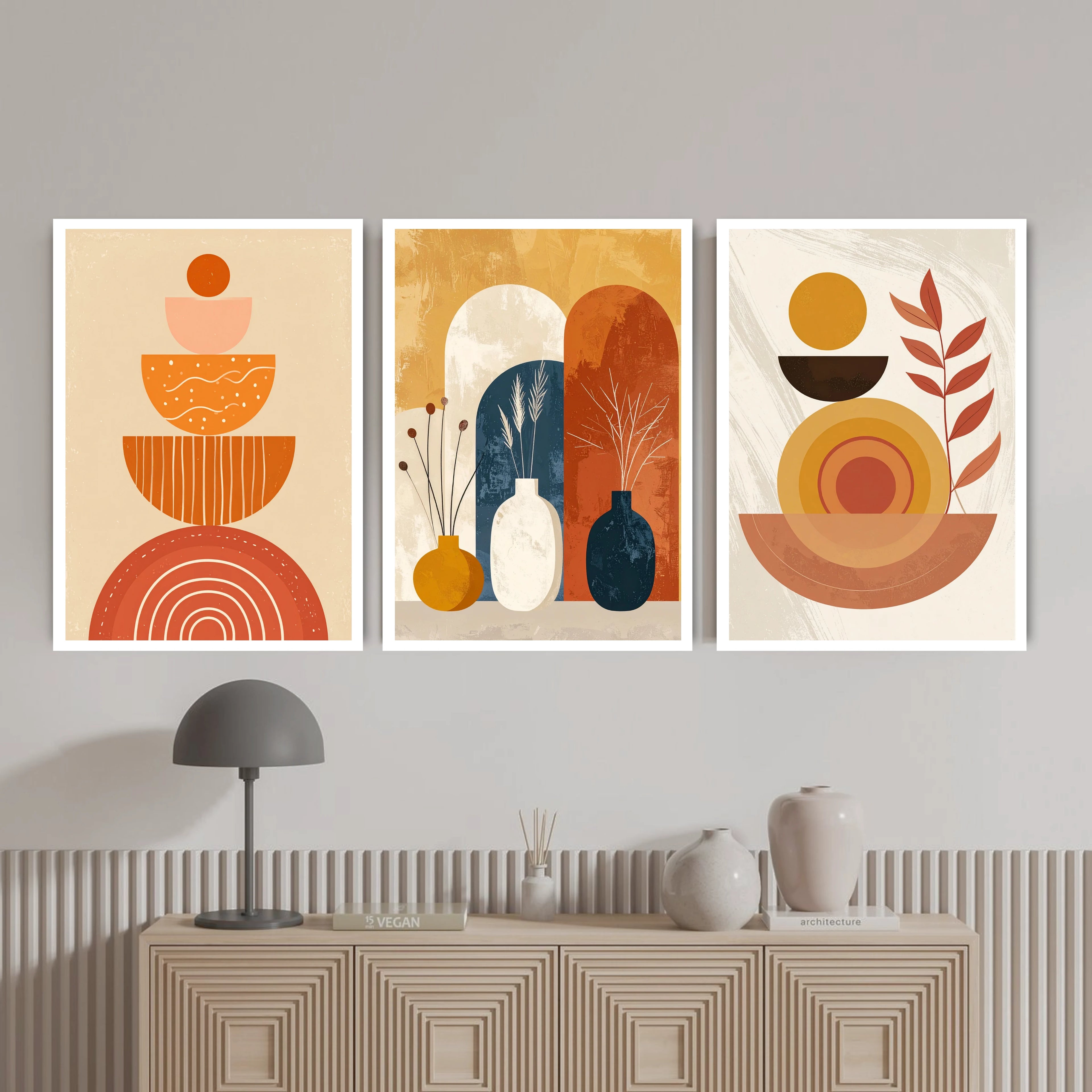 Three abstract art prints in warm colors hanging on a wall above a console table.