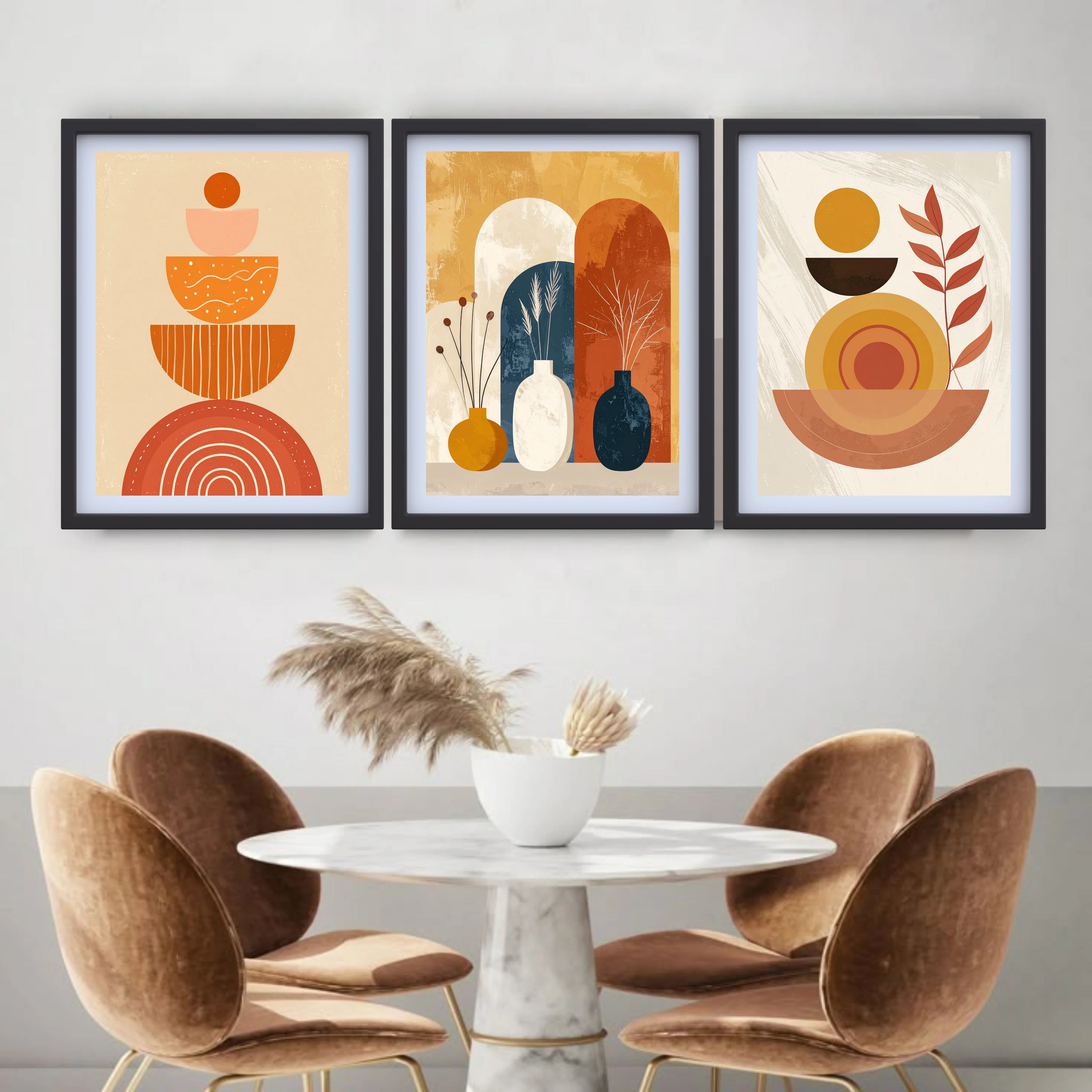 Three abstract art prints on a wall above a dining table with chairs.