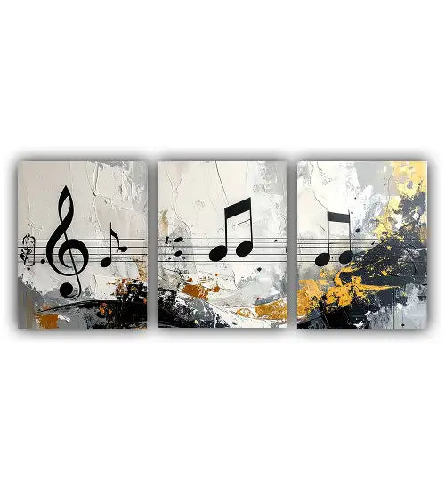 Music instrument canvas triptych displayed above a restaurant seating both with soft lighting.