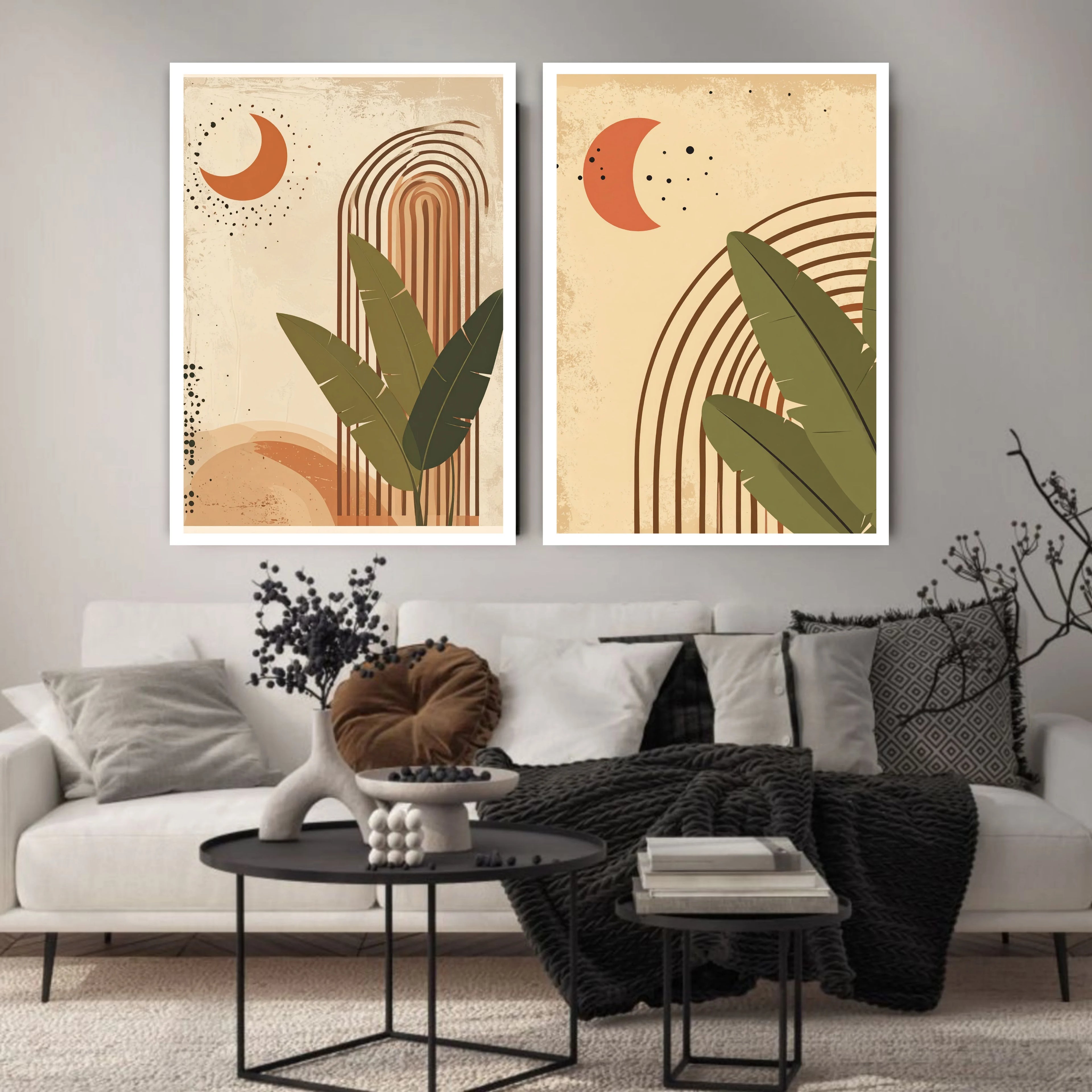 Living room with a white sofa, decorative pillows, and two abstract wall art pieces on a gray wall.