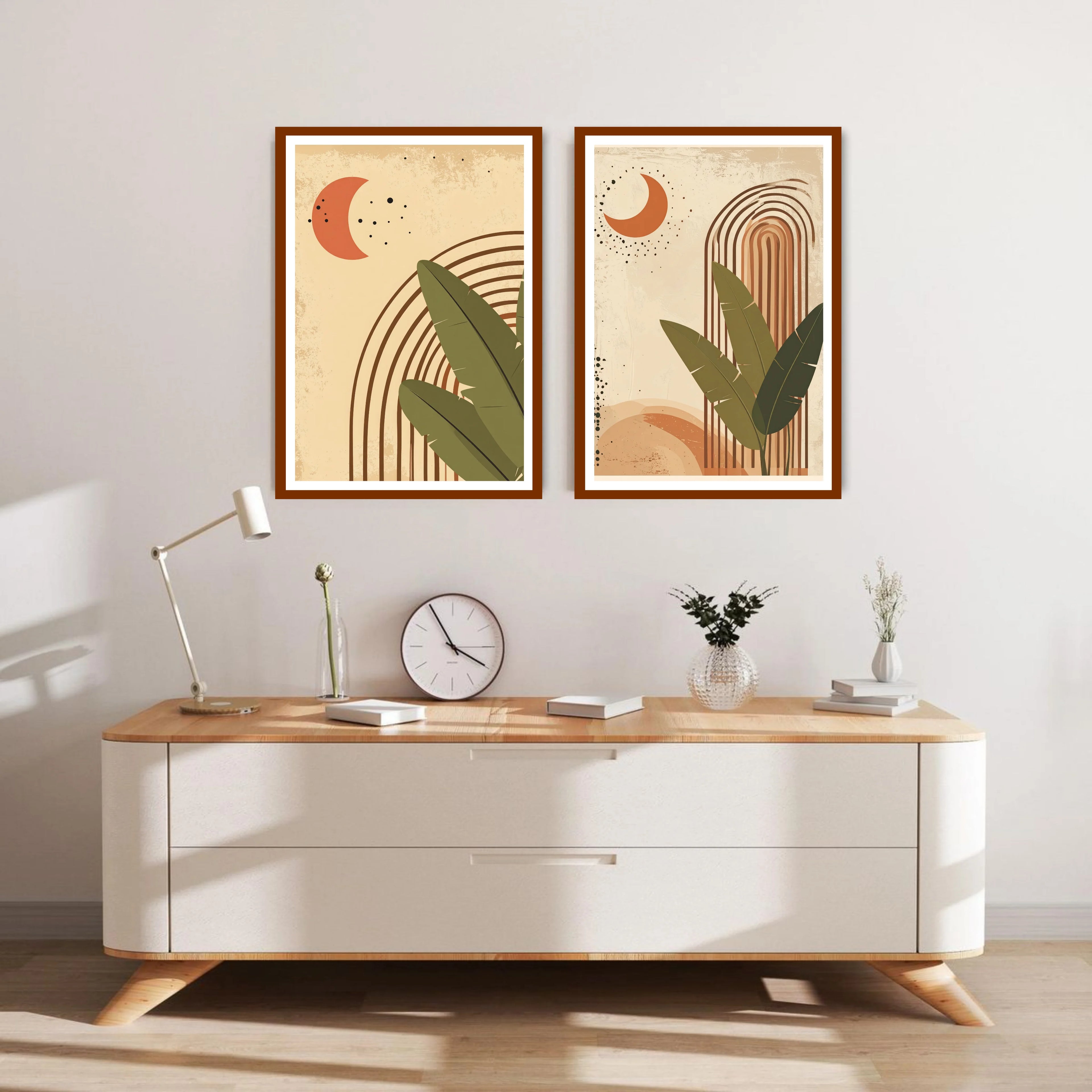 Modern interior design with a wooden console table, decorative items, and abstract wall art.