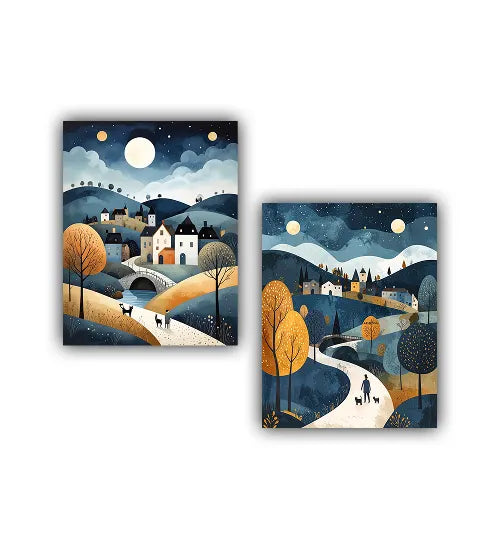 Two framed artworks of a village scene with trees and a bridge under a night sky.