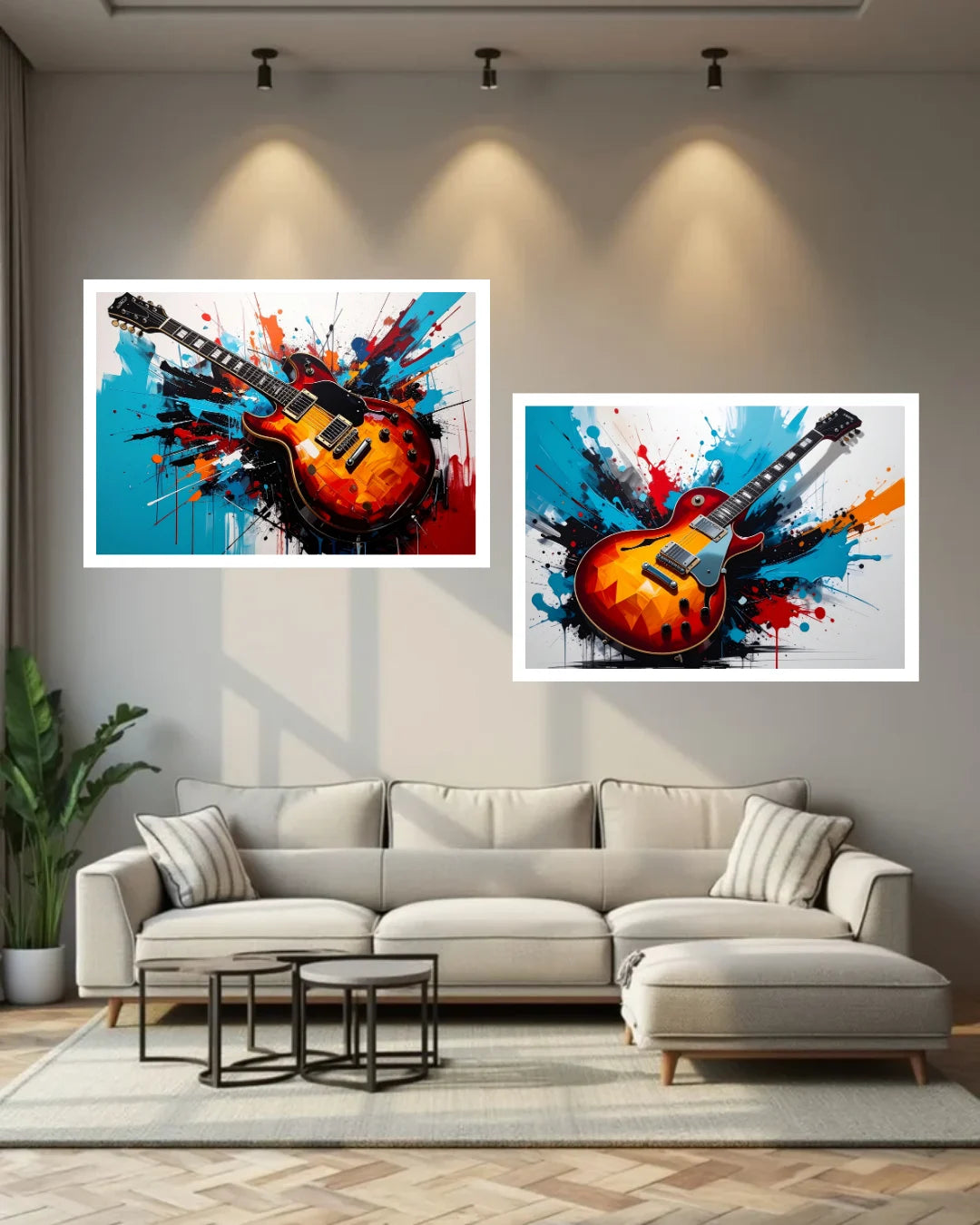 Two abstract guitar paintings on a wall above a sofa in a living room.