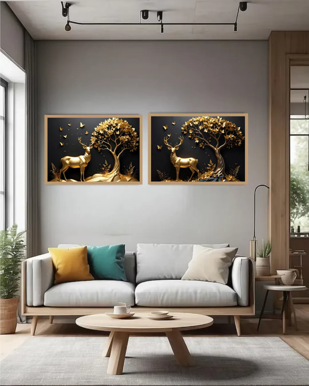 Elegant Golden Deer and Tree Wall Art Set in Natural Wood Frames Displayed Above White Sofa in Modern Living Room
