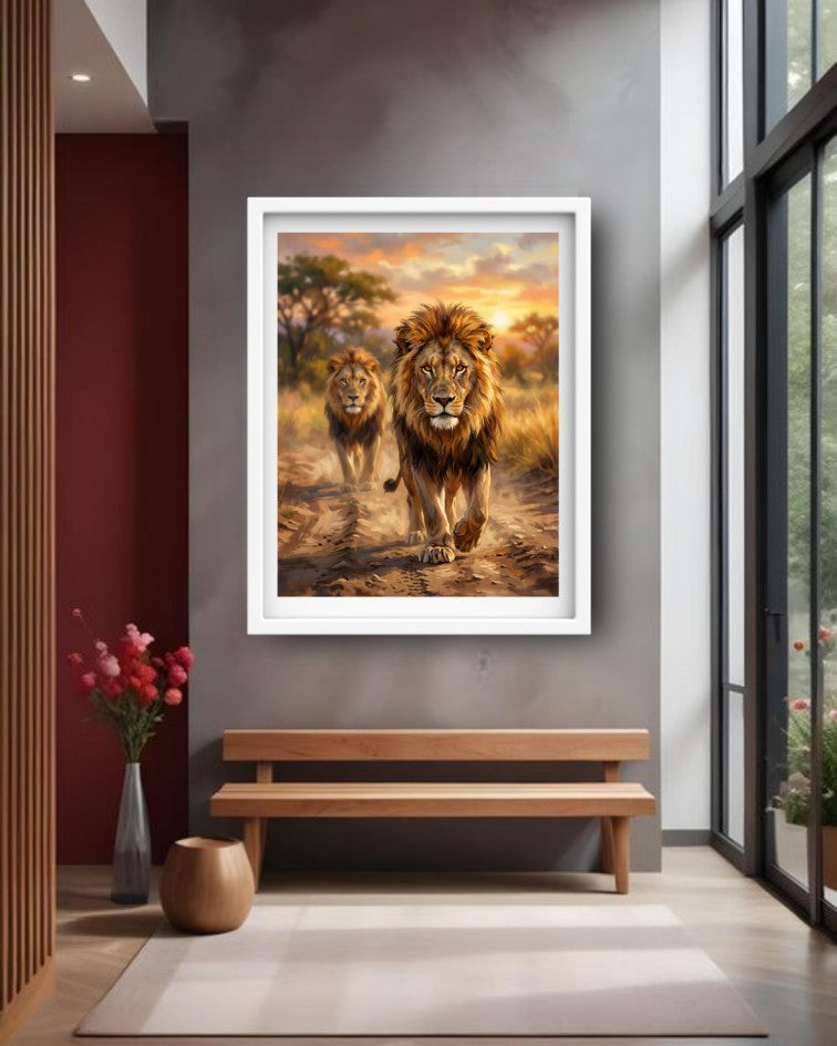 Framed artwork of two lions walking on a path, displayed in a modern interior setting with a bench and decor.