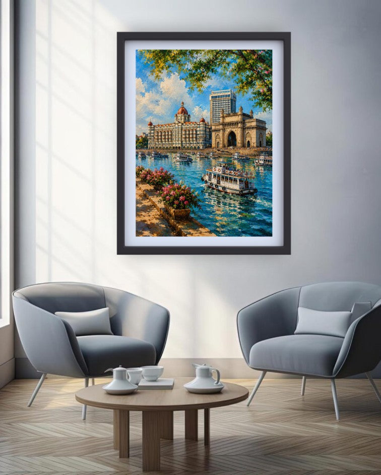 A framed colorful painting of a scenic harbor city with boats, buildings, and trees, displayed on a light gray wall above two modern gray armchairs and a round wooden coffee table.