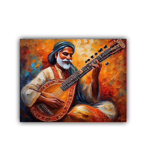Colorful guitar musician artwork mounted on a bright interior wall with décor elements.