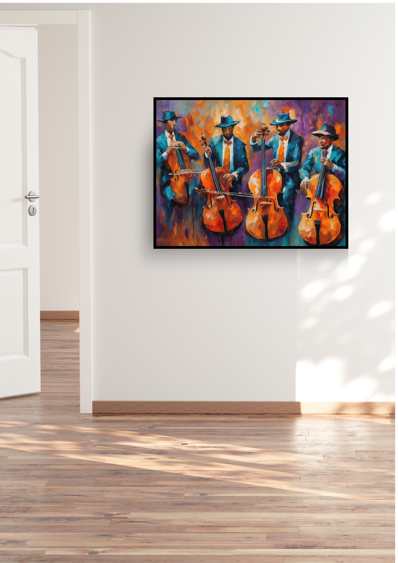 Multi-instrument musician abstract canvas artwork showcased in a warm interior setup.