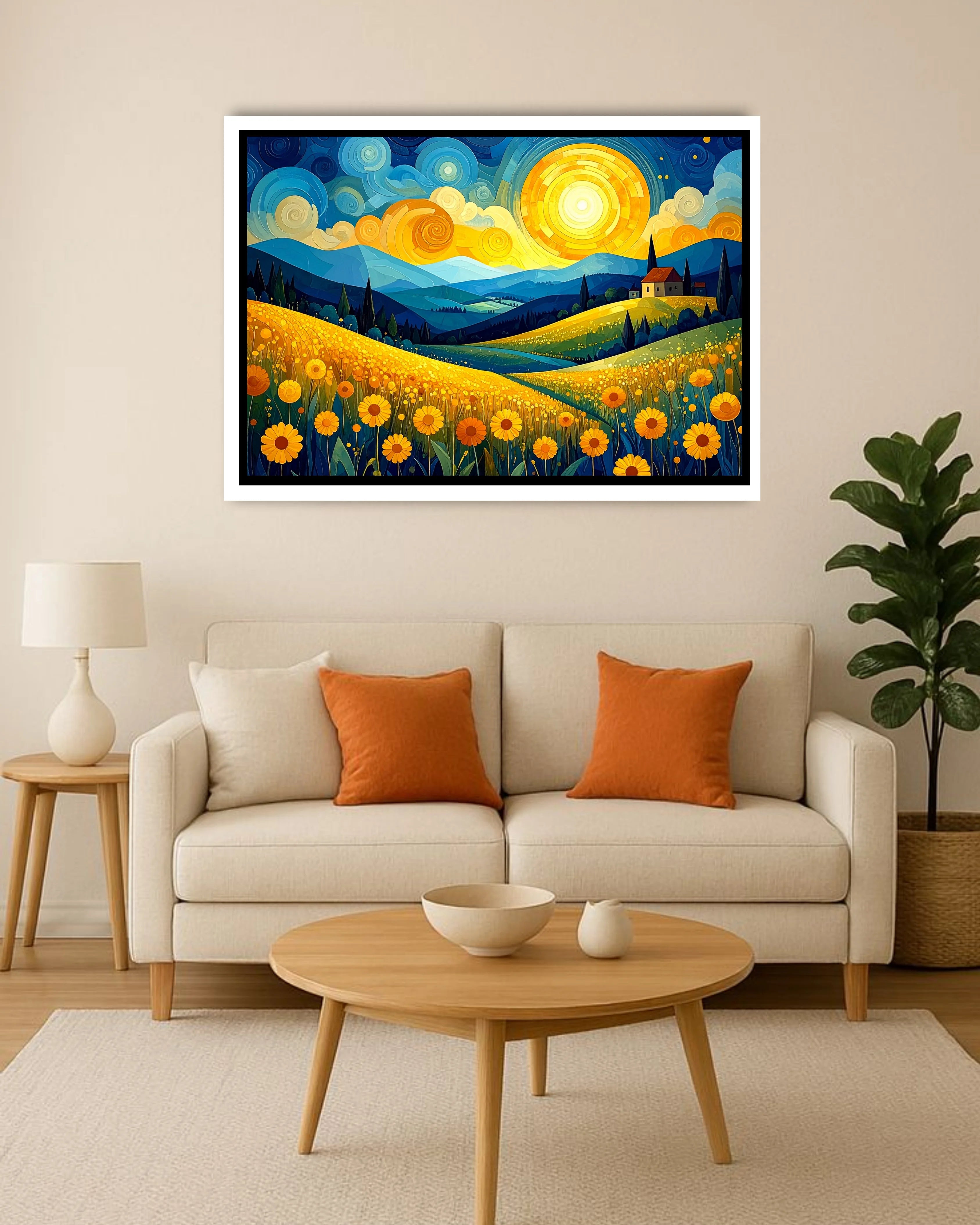 Vibrant expressionist painting of a sunflower field with a house, hills, and a large glowing sun in a Van Gogh style.