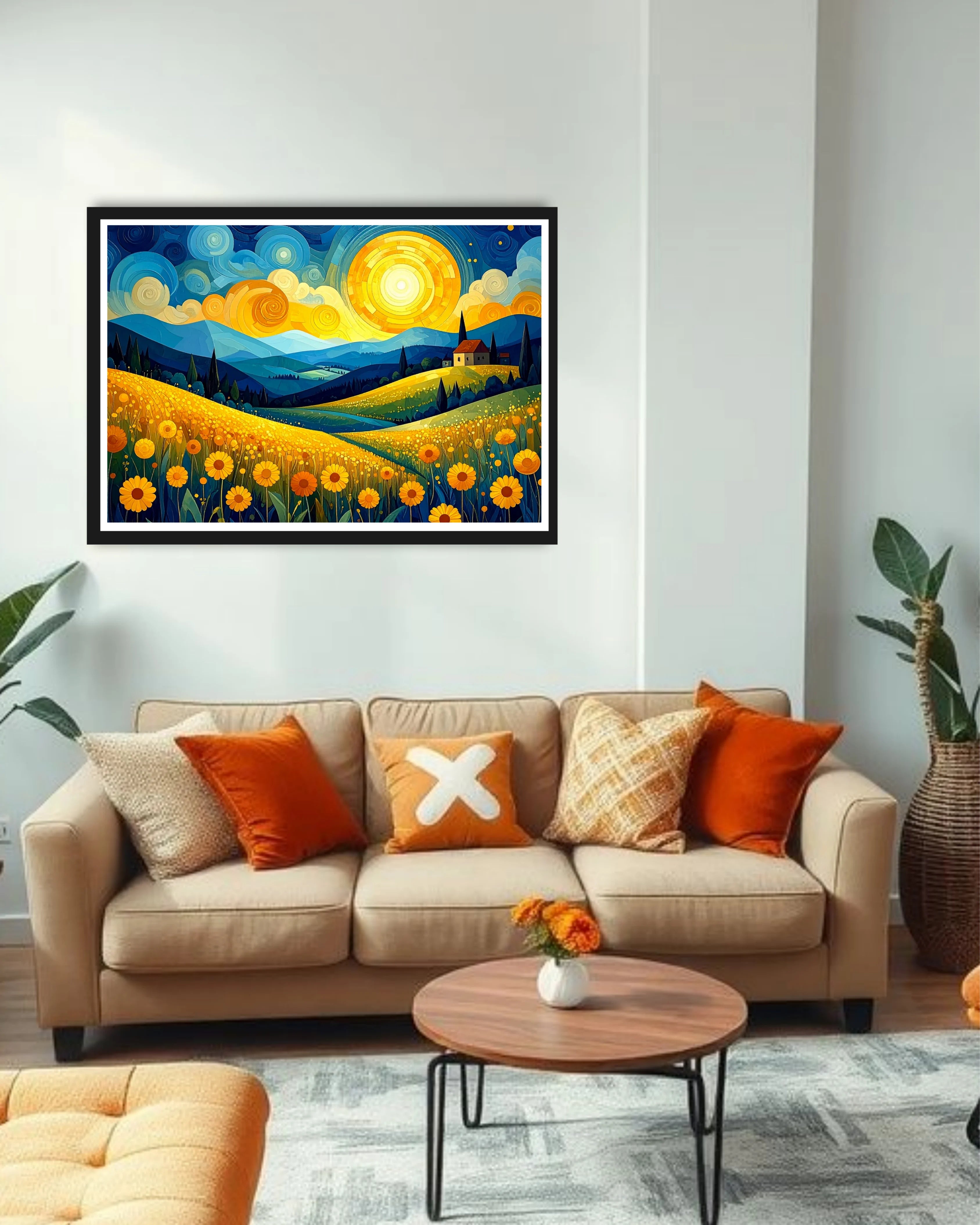 Vibrant expressionist painting of a sunflower field with a house, hills, and a large glowing sun in a Van Gogh style.