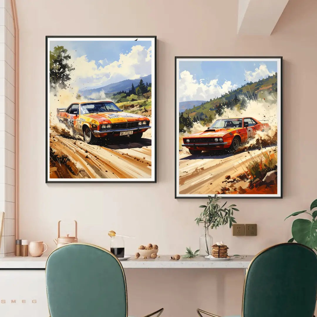 Retro car racing landscape wall art canvas painting set