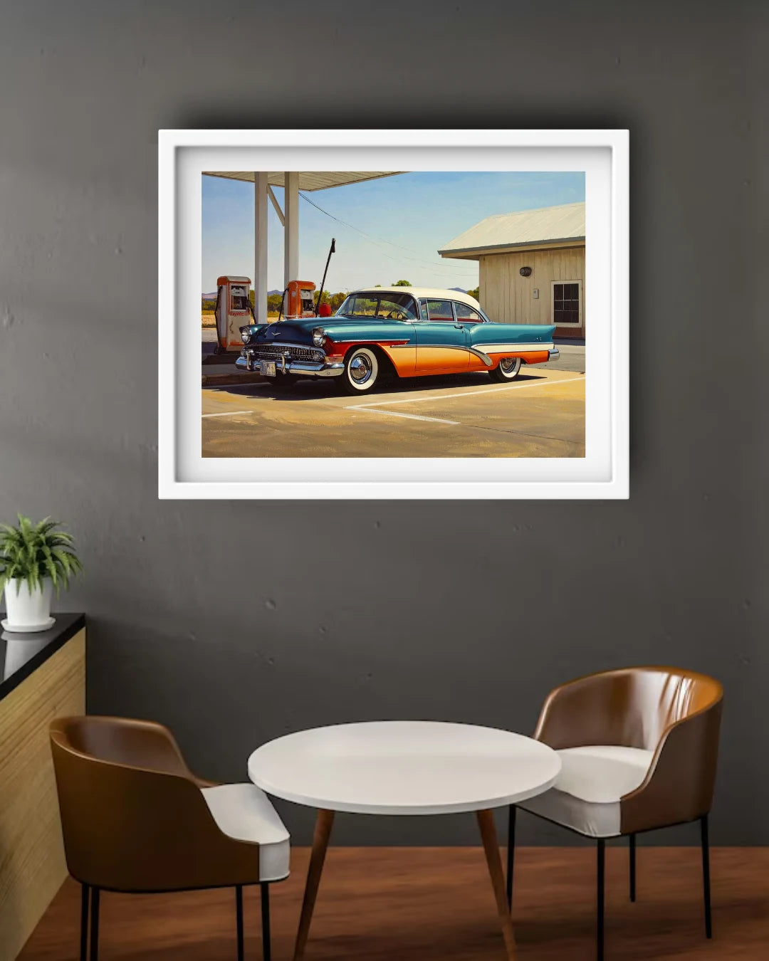 Vintage car wall art in a stylish framed canvas design