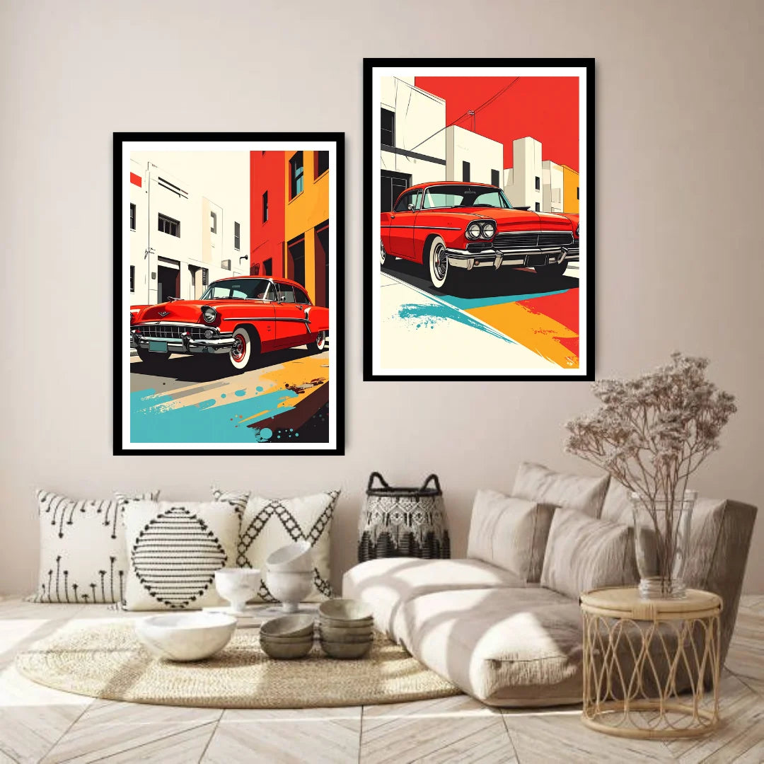 Vintage city car illustration canvas wall art
