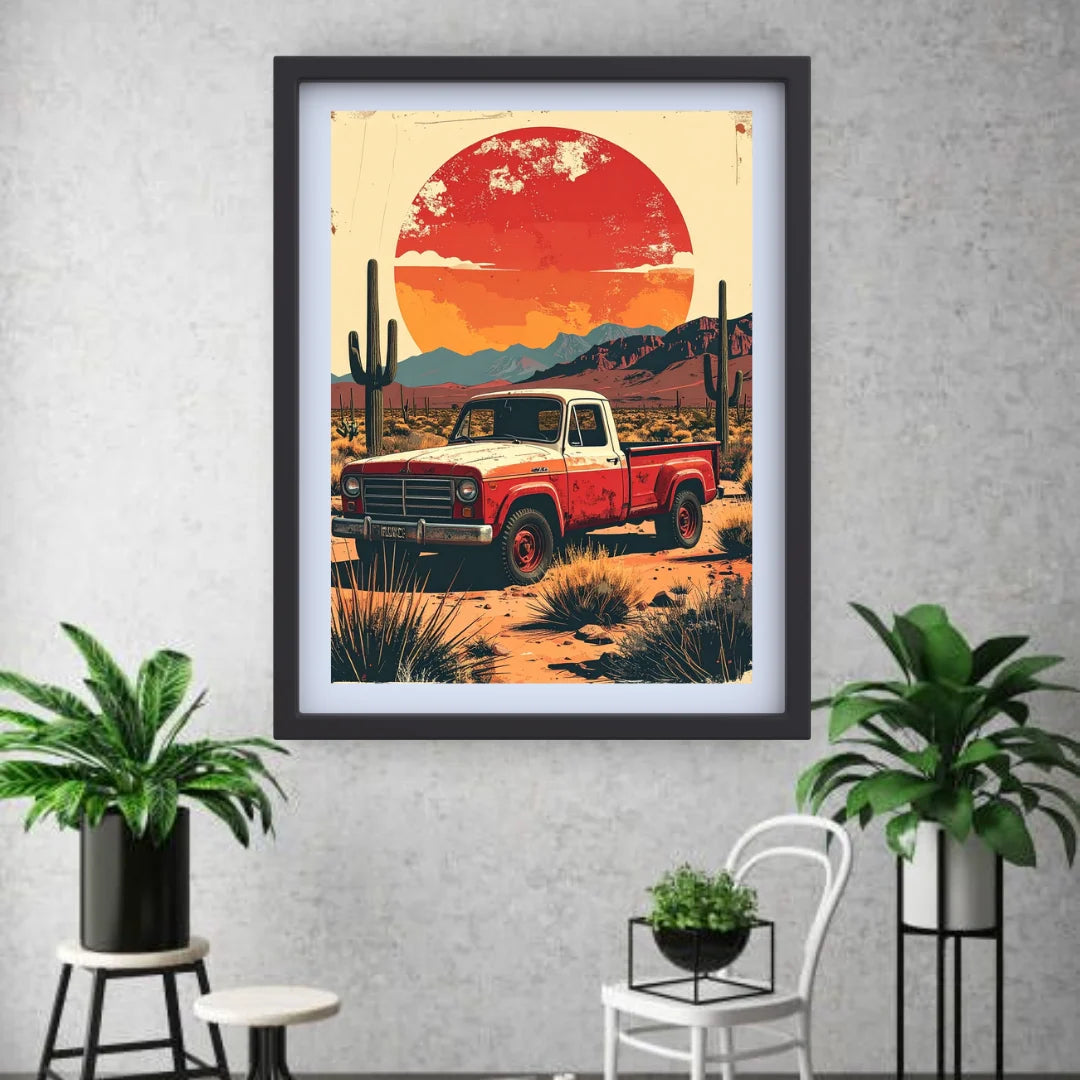 Classic car sunset wall art in retro style