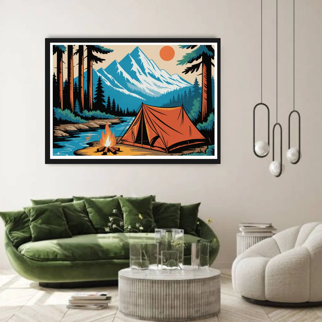 Retro camping scene with mountains and tent