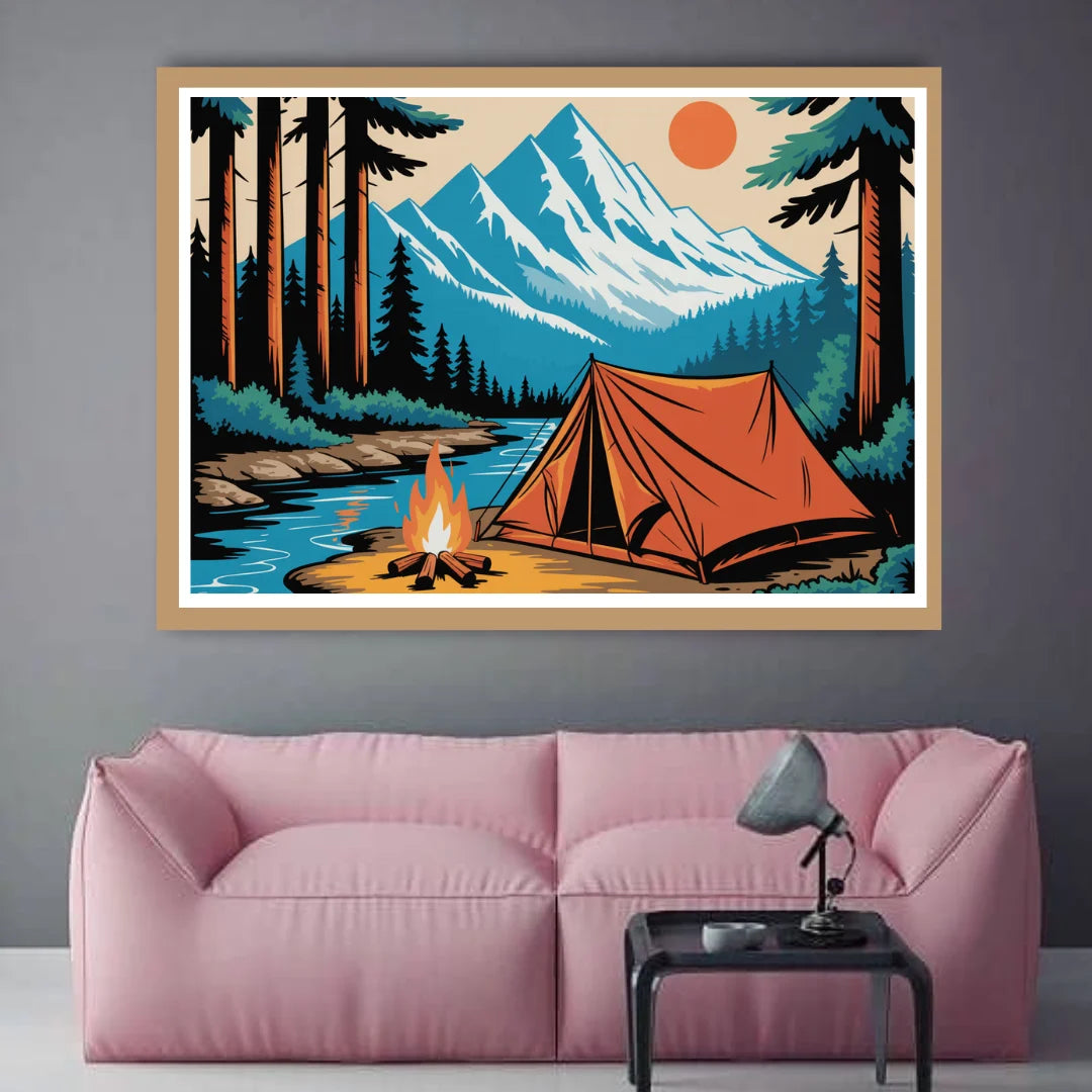 Vintage mountain camping landscape art
