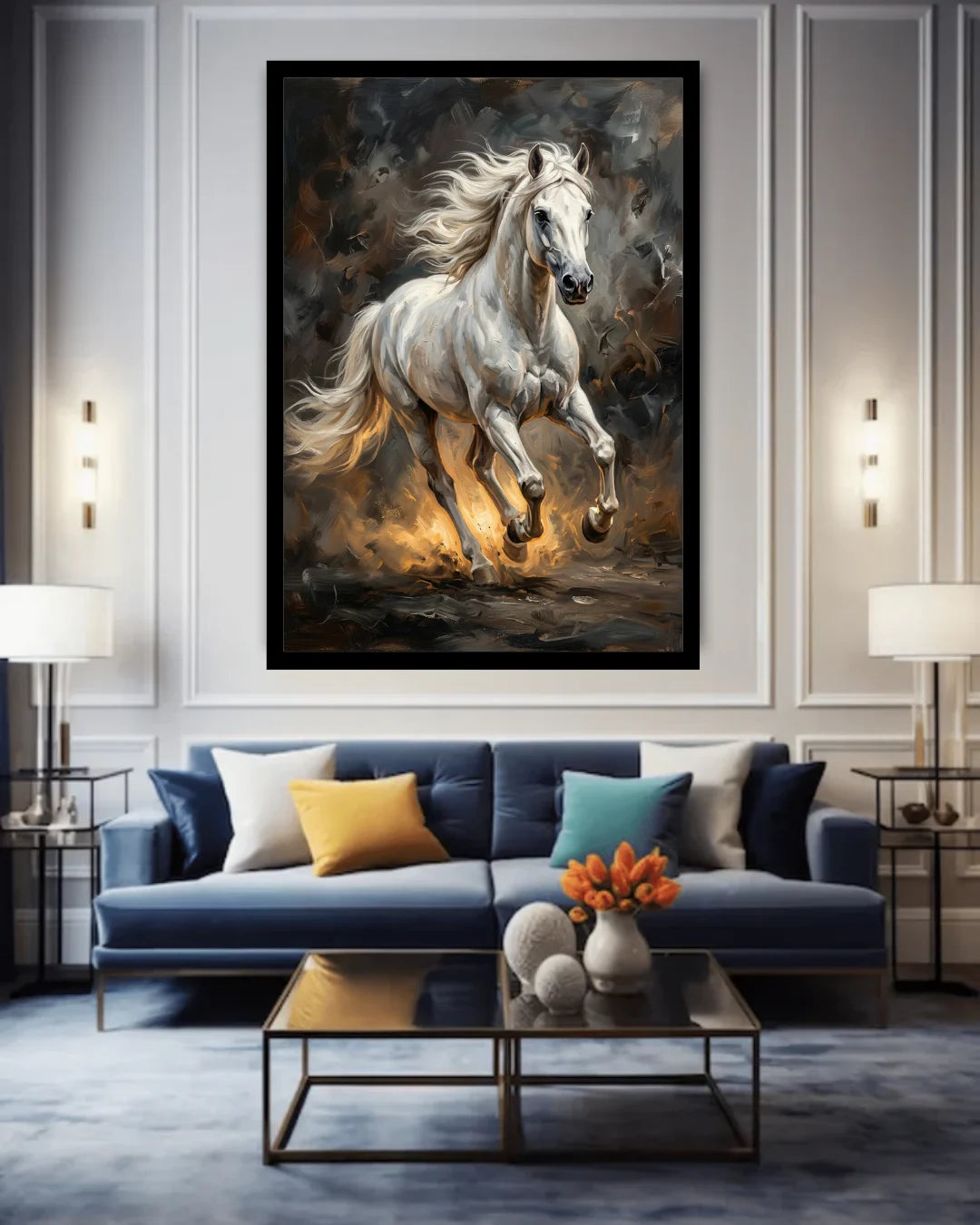 Living room with a blue sofa, coffee table, and a large framed painting of a white horse on the wall.