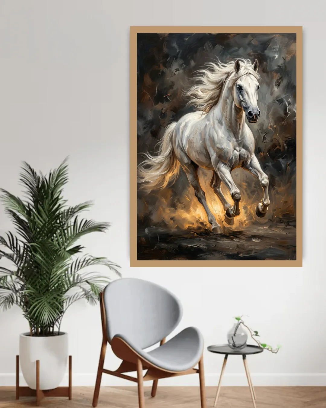 Framed painting of a white horse in a dynamic pose on a wall above a chair and plant.
