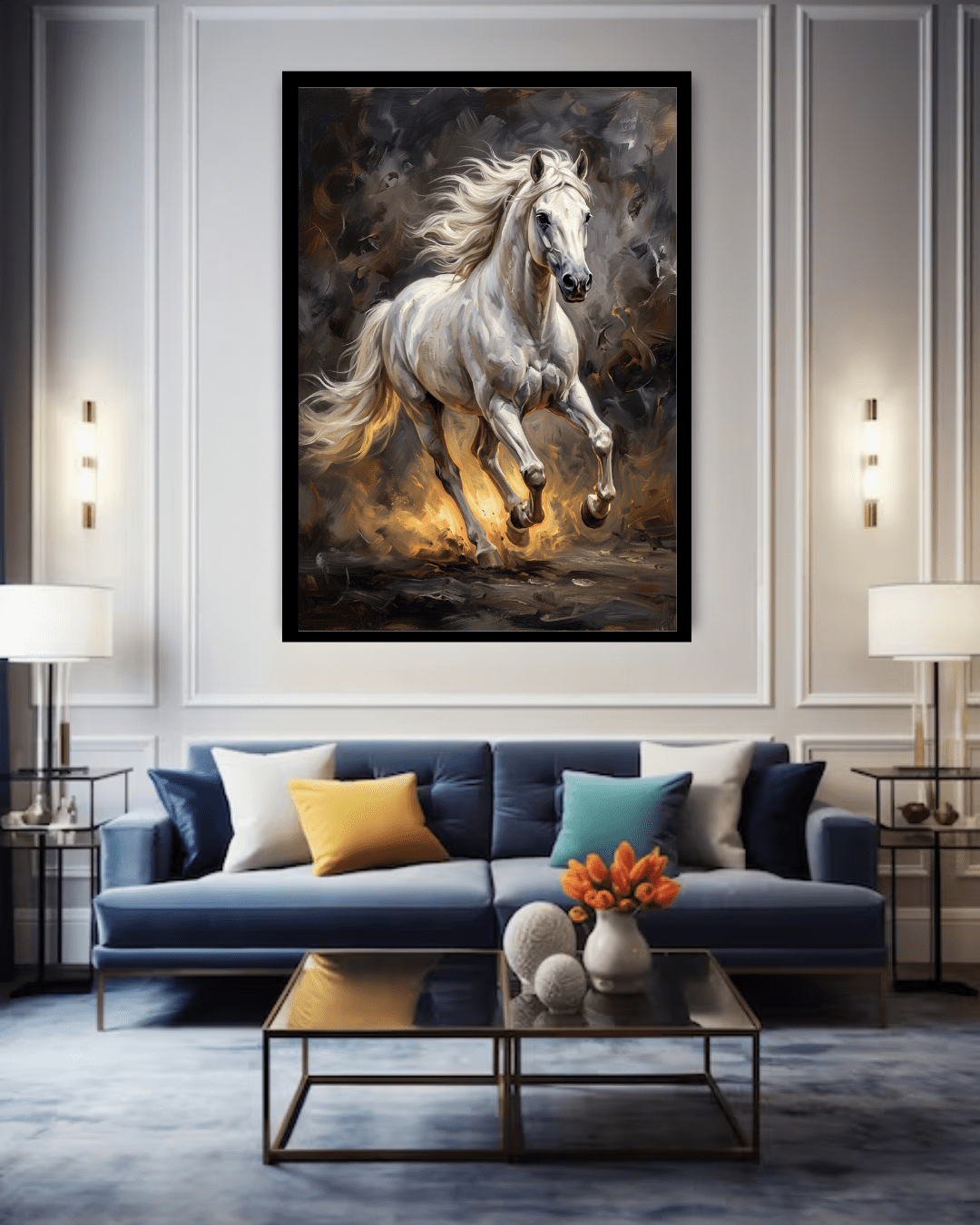 white horse wall art canvas in modern living room decor