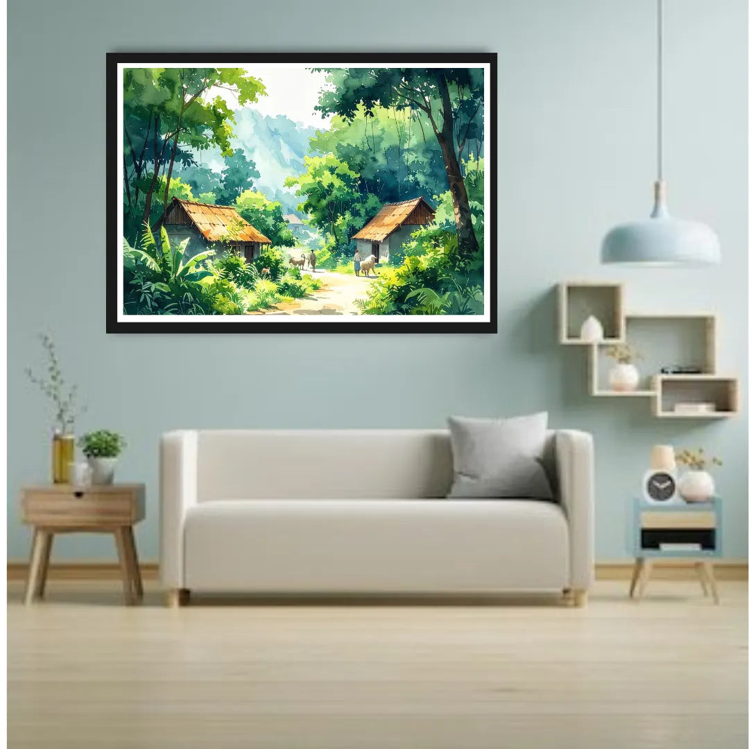 Watercolor village huts in forest.